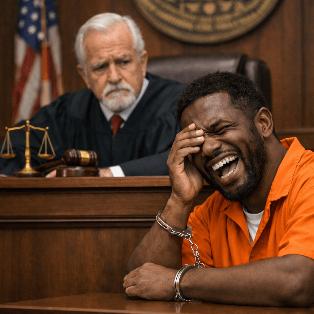 Man in orange prison uniform and handcuffs sitting at courtroom table emotional with eyes closed and hand on forehead, judge in background watching