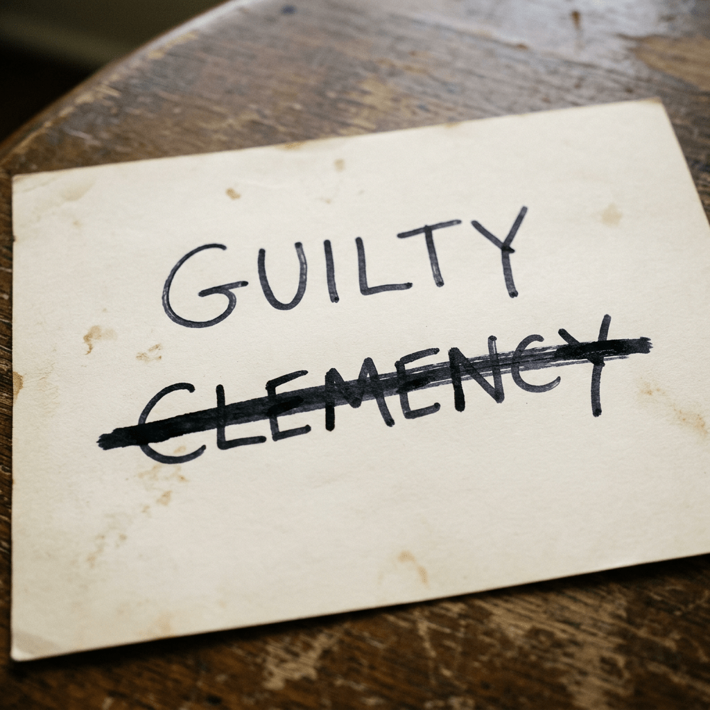 'GUILTY' written above 'CLEMENCY' which is crossed out on a paper.