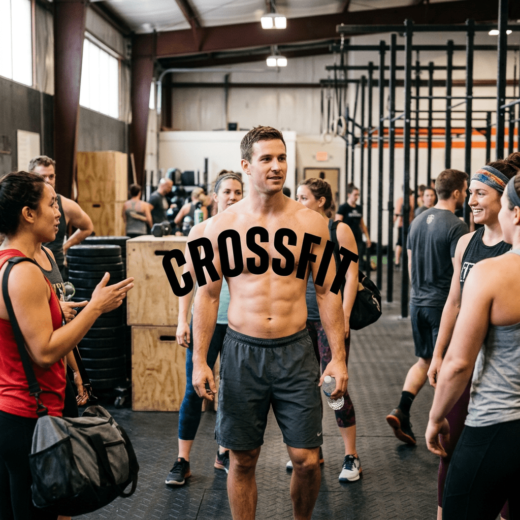 Group of adults talking and warming up in a CrossFit gym