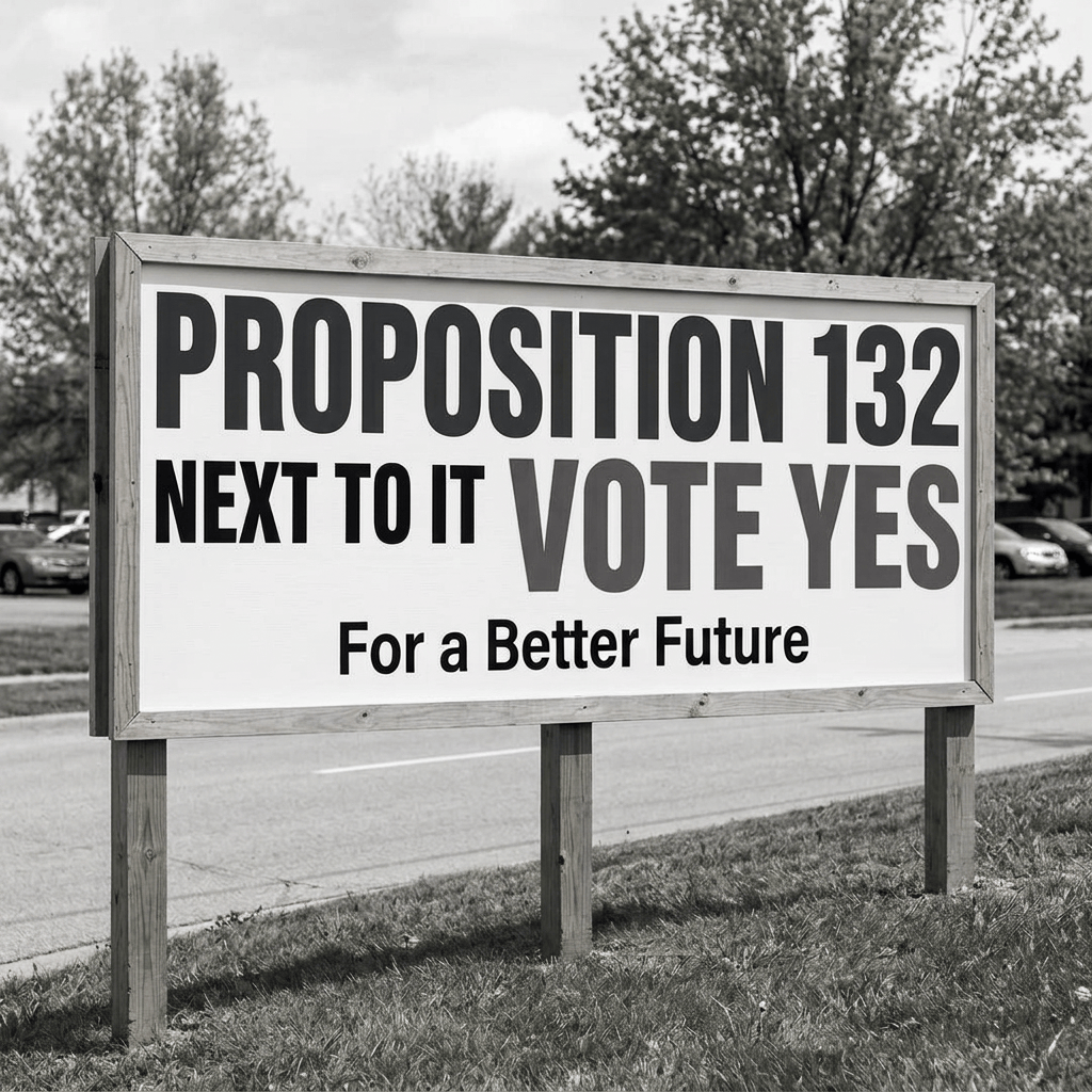 Campaign sign reading Proposition 132, next to it vote yes, for a better future